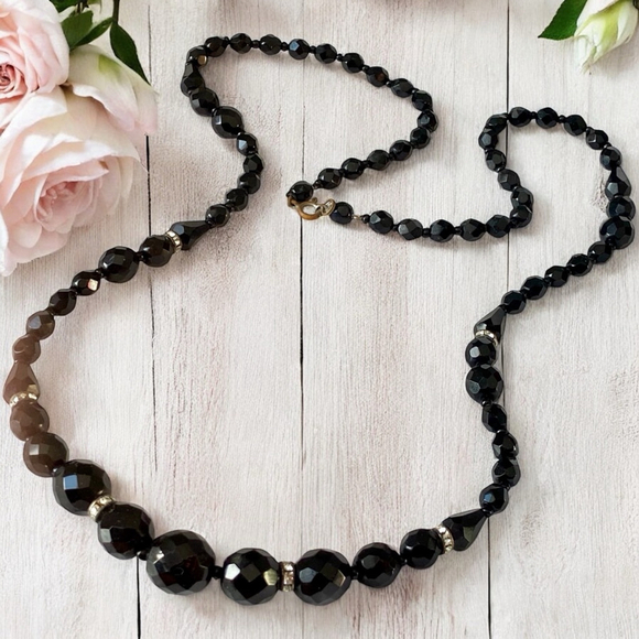 Art Deco French Jet Black Glass Beaded Rhinestone Necklace - Picture 2 of 6